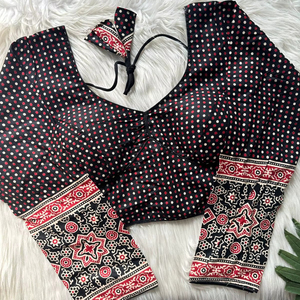 Blouse prête-à-porter en coton double imprimé Ajrakh, entièrement cousue, à manches longues - Product Image 1