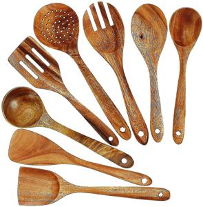 Juego de servidores de ensalada ecológicos de lujo de madera de acacia Natural de 7 piezas, 2 utensilios de cocina hechos a mano - Product Image 3