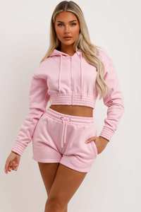 Nuevo personalizado bebé rosa 2 piezas mujer Crop Zip Sudadera con capucha y pantalones cortos chándal conjunto mujer Sudadera con capucha y chándal corto conjunto mujer 2 piezas conjunto - Product Image 2