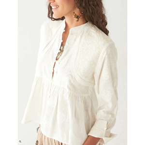 Blusa Ariana - Estilo Bohemio Occidental con Bordado Floral en Color Marfil, Tela de Lino, Seda, Rayón y Viscosa, Talla XL, Corte Holgado, para Primavera y Fiestas - Product Image 4