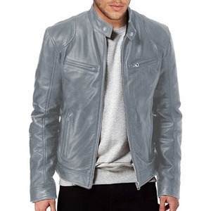 Veste en cuir pour homme, coupe ajustée, à fermeture éclair, manches longues, avec empiècements, col montant, style décontracté, pour l'automne - Product Image 4