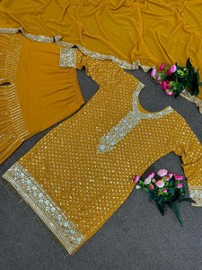 Shalwar Kameez Punjabi multicolore, tenue de fête spéciale, Sharara indien pour femmes adultes, en soie Georgette, broderie lourde - Product Image 5