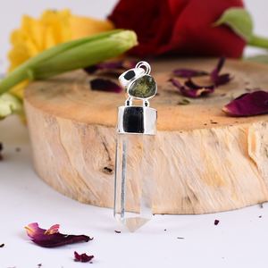 Pierres précieuses naturelles Moldavite et cristal or jaune pendentif en argent Sterling 925 bijoux faits à la main cadeau pour elle bijoux en gros - Product Image 6