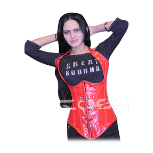 Corset licou en cuir véritable rouge personnalisé avec laçage arrière et sangles à boucle réglables à l'avant - Product Image 1