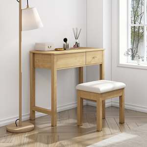 Commode de style scandinave Taranto avec miroir éclairé, tabouret, panneau en bois de pin et métal, coiffeuse pour chambres modernes - Product Image 1