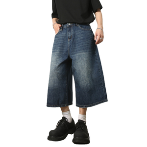 Short en jean vintage décontracté pour homme Short en jean foncé imprimé brodé Taille moyenne tricoté Y2K - Product Image 6