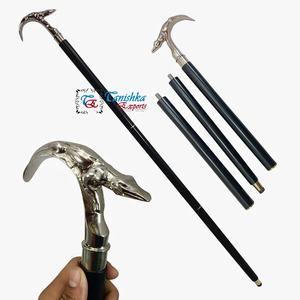 Canne de marche en bois nautique faite à la main, noire unie, à 3 plis, réglable, avec poignée en laiton nickelé, motif crocodile, pour l'extérieur - Product Image 2