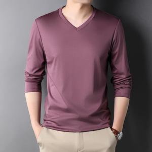 เสื้อยืดคอวีคอตตอนเข้ากับทุกชุดเสื้อตัวบนสำหรับผู้ชายแขนยาวผ้าทอลำลองสีพื้นคุณภาพสูง