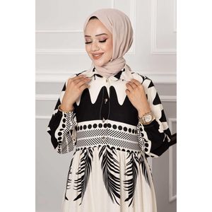 Robe Hijab en Viscose à Demi Boutonnée à Motifs de Paume Écru - Product Image 1