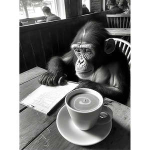 Impresión Artística de Chimpancé Hipster: Chimpancé Elegante Disfrutando de una Taza de Café en un Patrón Rústico de Naturaleza Muerta - Product Image 1