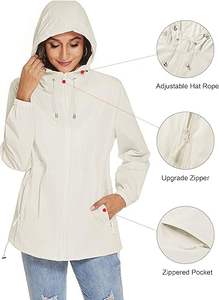 Chaqueta cortavientos ligera con capucha para mujer Chubasquero impermeable transpirable con cremallera con tejido relleno de algodón empacable - Product Image 6