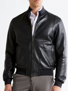 Chaqueta Bomber de Piel de Oveja Genuina para Hombre, Negra, Ajustada, Informal, Estilo Universitario, con Bolsillos con Cremallera, Ecológica, para Otoño e Invierno - Product Image 5