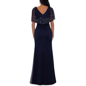 Abito da sera formale Betsy & Adam da donna in chiffon blu con capeletto decorato con perline, taglia XS, collo alto, paillettes, lunghezza al pavimento, vita naturale - Product Image 2