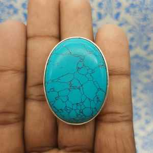 Anillo de cabujón turquesa de howlita gruesa elegante artesanía artesanal bohemia de plata sólida con perla y diamante para boda - Product Image 3