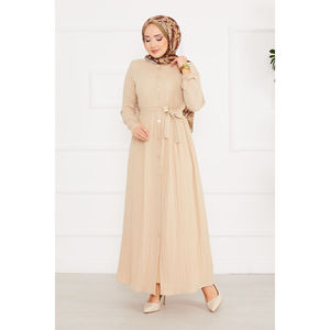 Robe beige jacquard boutonnée longueur genou, manches élastiquées, décoration diamant, taille XS, taille naturelle, légère, automne - Product Image 5