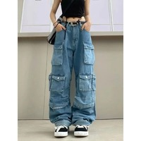 Multi Pocket Blue Washed Jeans Cargo Pants Retro Streetwear Fashion High Waist Jeans Couple Casual Wide Leg Pants