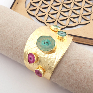 กำไลข้อมือทรงกว้างแบบเรขาคณิต ประดับด้วยหินธรรมชาติหลากหลายชนิด ควอตซ์โซลาร์ ชุบทองเหลือง สำหรับผู้หญิง - Product Image 3