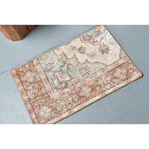 Alfombra turca vintage de 1,4x2,4 pies, color beige, verde, lana hecha a mano, área grande, diseño de retazos rectangulares para pasillo, Alfombra de habitación de látex - Product Image 2