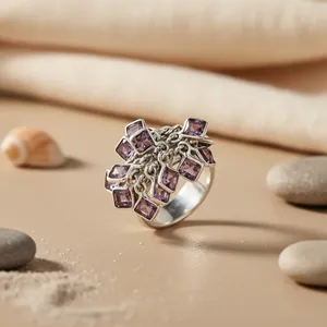 925 Sterling Silver <b>Boho</b> Statement <b>Ring</b> for Women Platinum with Cut Amethyst Gemstone Fine Jewelry for Promises - Product Image 1