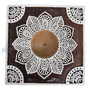 Wooden Square Handmade Eco-Friendly 2 Color Print Tealight Holder (Without Tealight Candle) Rajasthan <b>Festival</b> <b>Gifting</b> - Product Image 1