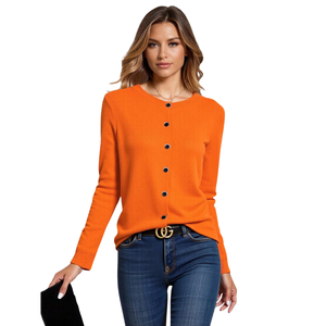 <b>Women's</b> Plus Size <b>Orange</b> Button Front Viscose <b>Cardigan</b> Long Sleeve Knit Sweater Crew Neck for Casual Winter Wear - Product Image 1