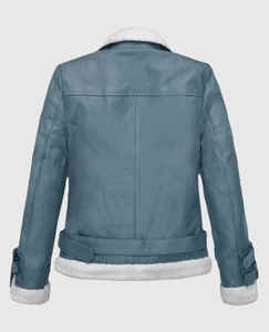 Chaqueta de piel de oveja Rita Biker Ora Bon Blue Shearling con forro de piel sintética de Sherpa Logo personalizado 100% cuero genuino - Product Image 3