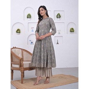 Grey Jaal Cotton Anarkali Kurta Pant Set Elegant Floral Printed Salwar Kameez Heavy <b>Net</b> <b>Fabric</b> Embroidery Work for Party Wear - Product Image 4