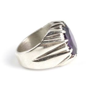 925 Sterling <b>Silver</b> Men's <b>Ring</b> Amethyst Color Stone <b>Plain</b> Polished Rhodium Plated Geometric Pattern Oval Cut Everyday Wear - Product Image 4