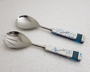 White Resin with Brass Inlay Handle Stainless Steel with Silver Finished Mixing & Cooking Salad Flat Server or <b>Serving</b> <b>Spoons</b> - Product Image 2