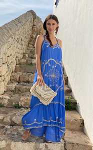 Lujoso vestido Maxi floral mexicano bordado trabajo Boho Lady Resort vestido de noche azul estilo bohemio vestido Maxi sin mangas - Product Image 6