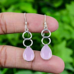 Boucles d'oreilles en quartz rose avec pierres précieuses en argent sterling 925 Style bohème bijoux pour femmes faits à la main cadeau tendance de mariage - Product Image 3