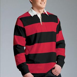 T-shirt à col polo en coton rayé surdimensionné à manches longues pour homme, fabriqué par OEM, avec logo personnalisé - Product Image 2