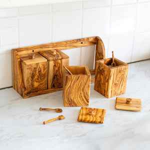 Boîte à sel carrée en bois d'olivier avec couvercle et cuillère, boîte à épices de cuisine, pot de rangement artisanal pour sucre et épices, récipients décoratifs pour le garde-manger - Product Image 3
