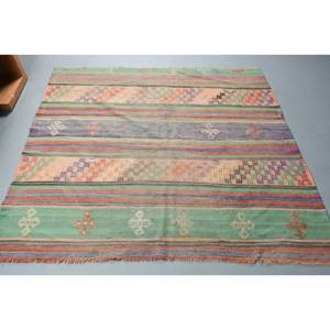 Tapis turc traditionnel grande surface Rectangle Patchwork Design Style classique vert Orange 5.9x5.2ft tapis de chambre en latex de laine - Product Image 1