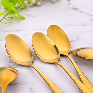 Cucharas de Cena de Acero Inoxidable 304 Doradas Martilladas, Ecológicas, Desechables, Juego de 6 con Mango Largo y Acabado Espejo para Fiestas y Bodas - Product Image 3