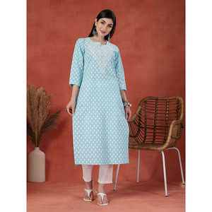 Women's Trendy Embroidered Neck Straight Kurta Crocheted Breathable Knee-Length <b>Dress</b> <b>One</b> <b>Size</b> Fits All for Special Daily Use - Product Image 1