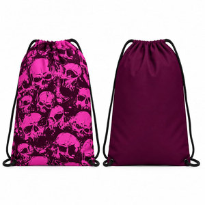 Sac à dos à cordon de serrage à motif de crâne rose, sac de sport imprimé en polyester et coton, sac de sport unisexe léger et de grande capacité - Product Image 1
