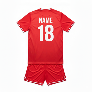 Uniforme de Fútbol Personalizado Rojo Transpirable y Antibacteriano - Conjunto de Camiseta y Pantalones Cortos para Adultos con Ribete Blanco y Diseño de Cuello Redondo - Product Image 2