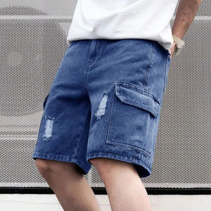 กางเกงยีนส์ขาสั้นลำลองผู้ชายสำหรับฤดูร้อน ผ้าฝ้าย 100% บริการ OEM สีน้ำเงินล้วน ขาดเซอร์ๆ หลายกระเป๋า ดีไซน์แบบมีรอยขาด - Product Image 4