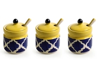 Ensemble de pots à cornichons et chutney en céramique marocaine peints à la main avec cuillères et support en bois Ensemble non étanche de 3 pots à condiments en céramique