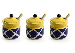 <b>Moroccan</b> Hand-Painted Ceramic Pickle & Chutney Jar Set With Spoons & Wooden Holder Non Air-Tight Set Of 3 Ceramic Condiment Pot - Product Image 3