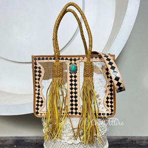 Sac à main de luxe de haute qualité, à motif à carreaux, en cuir véritable, avec détails en pierre turquoise, pour femmes - Product Image 1