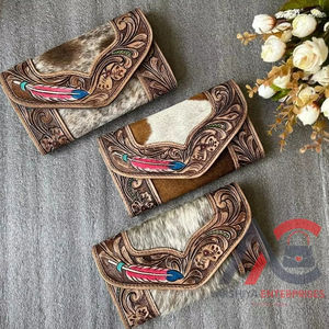 New Western Style Real Tooled Cowhide Leather Clutch Women Designed Clutch Hot Selling Tooled Leather Unique <b>Phone</b> Case Wallets - Product Image 1