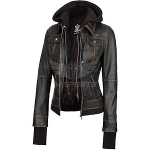 Women's Removable Hood <b>Leather</b> <b>Jacket</b> Genuine Lambskin by Expert Manufacturers and Global Suppliers Comfortable Outerwear - Product Image 1