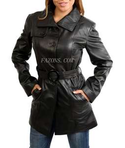 <b>Womens</b> Real Leather Trench <b>Coat</b> <b>Waist</b> Belt Mid Length Parka Jacket Soft Nappa Lamb Sheepskin Leather Long <b>Coat</b> Jacket Wholesale - Product Image 6