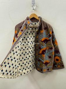 Poncho Bohème en Coton Brodé à Col Mandarin, Manches Longues, Motif Floral, Vêtement d'Automne pour Femme - Product Image 3