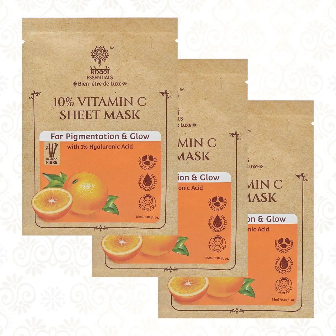 Best Offers Khadi Essentials 10% Vitamin C with 1% HA Sheet Mask For Pigmentation & Glow 25ml (Pack of 3) By Exporters
