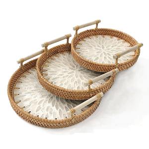 Plateaux de service ronds en rotin fabriqués à la main avec incrustation de coquillages plateau de rangement en mosaïque de nacre - Product Image 3