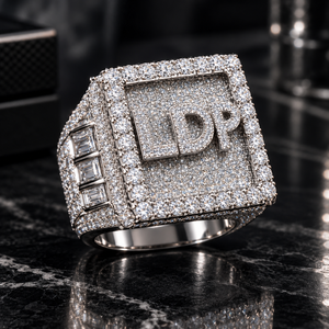 Bague personnalisée en argent 925 avec initiale LDP en Moissanite VVS, sertie de pierres, halo carré, passe le testeur de diamant, style Hip Hop, bijoux fins pour hommes - Product Image 1