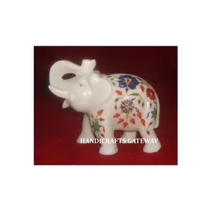 งานศิลปะอินเดียทำมือคุณภาพสูง ราคาถูก รูปปั้นช้างหินอ่อนสำหรับตกแต่งสำนักงานและลายดอกไม้จากผู้ผลิต - Product Image 1